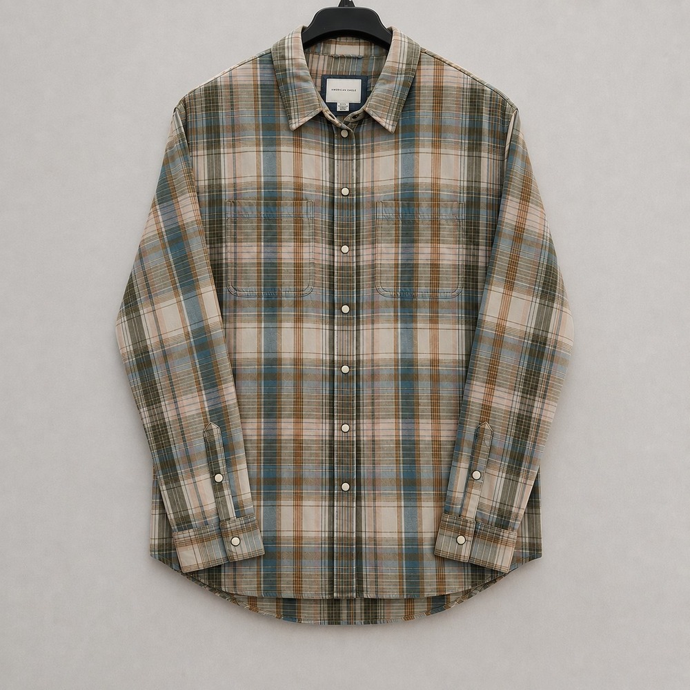American Eagle Plaid Flannel Shirt Womens M Blue Green Good Pearl Snap Western